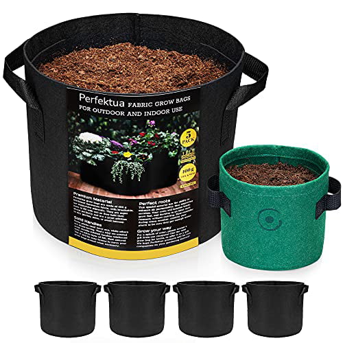5 Pack Grow Bags Premium Heavy Duty Nonwoven Fabric Plants Pots with Handles 